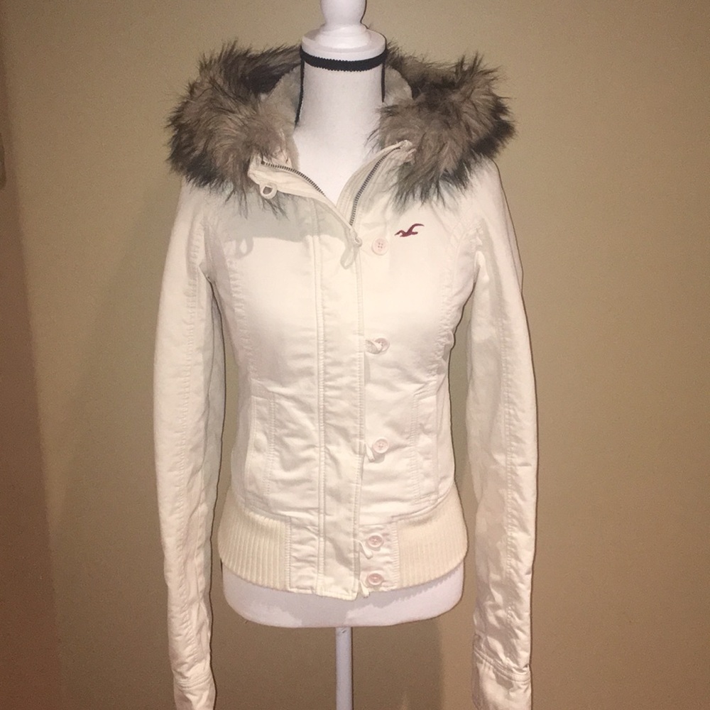 Hollister Cream Fur Trimmed Coat